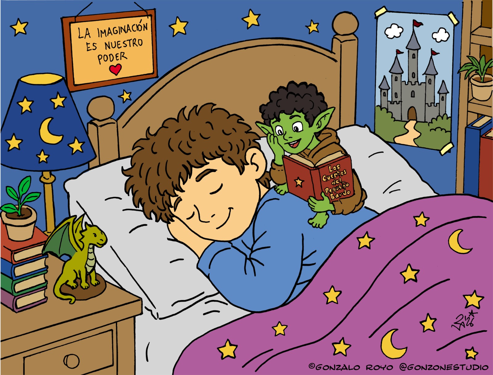 El Pequeño Bardo le cuenta un cuento a un niño en la cama