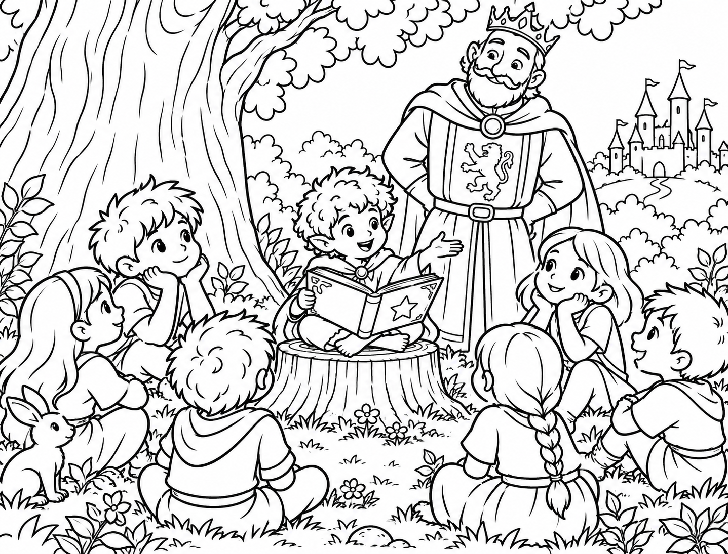 El Pequeño Bardo cuenta cuentos a los niños, en presencia del rey Arturo.